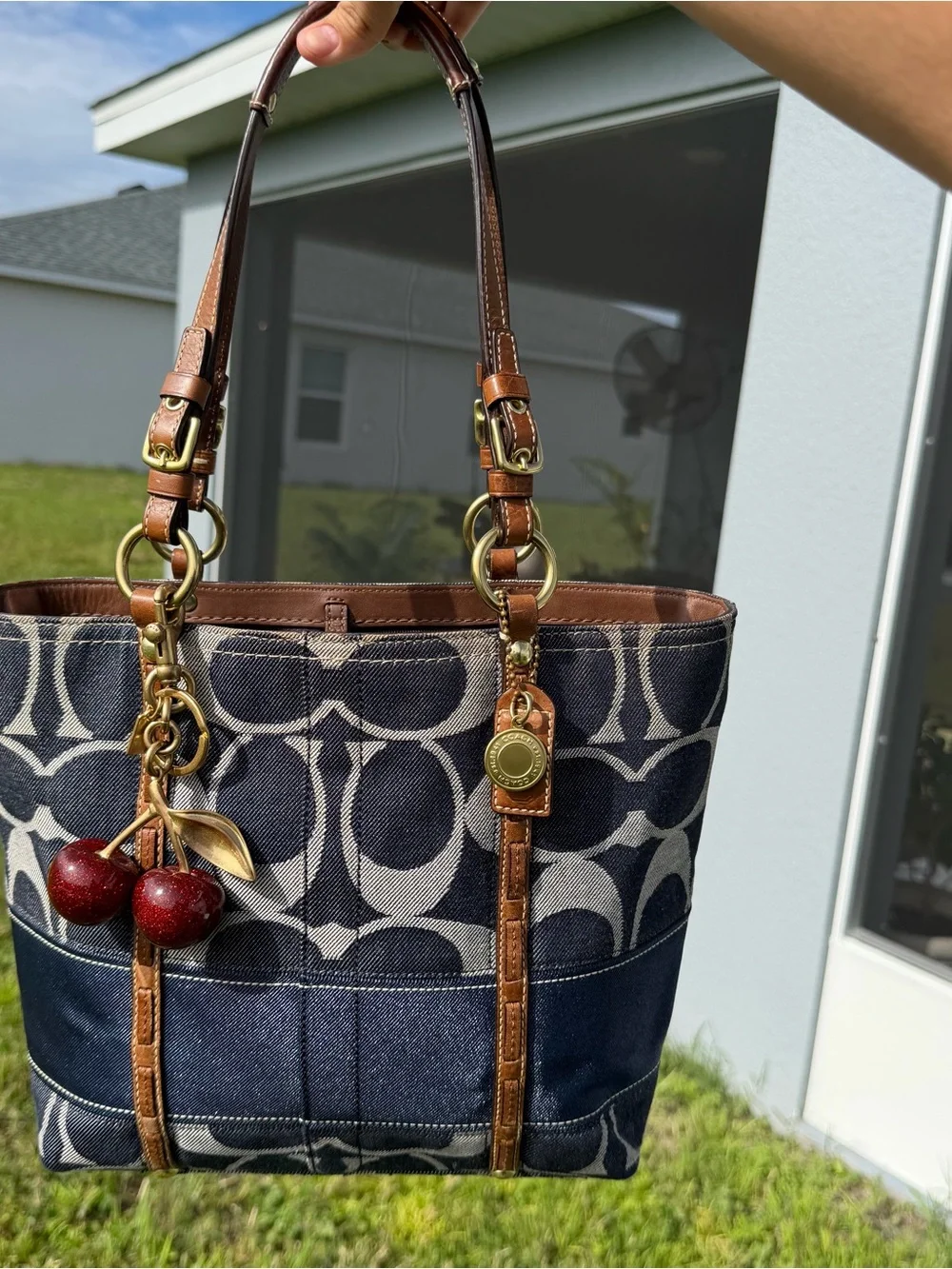 Coach Blue Signature Denim Tote with Brown Leather Trim